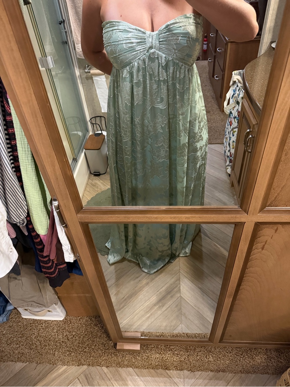 Lulu's Sage Strapless Maxi Dress with Subtle Floral Jacquard - Picture 2 of 3